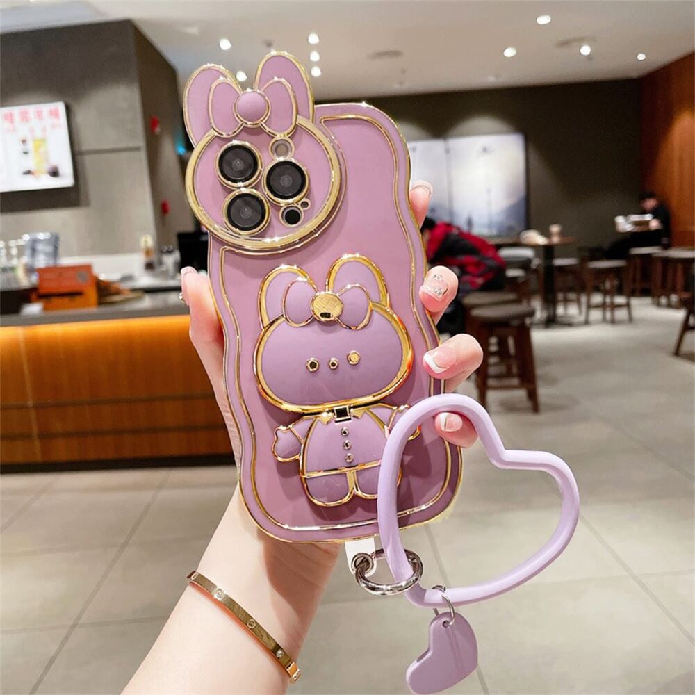 iPhone 11 Pro Max Case 3D Rabbit Case with Heart Chain Bracelet for Women Purple